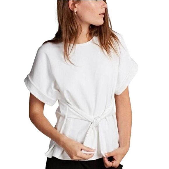 Express Women's White Rayon/Nylon/Spandex Cuffed Short Sleeve T-shirt with Sash - Picture 1 of 10